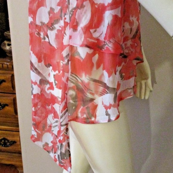 Pretty Coral Floral Hi-Lo Tunic sz M Sheer Crepe Chiffon - Picture 9 of 11